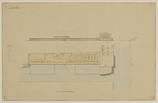 216692 Plattegrond van het ontwerp voor een zwemschool met meerdere gebouwen, faciliteiten en groenvoorzieningen aan de ...